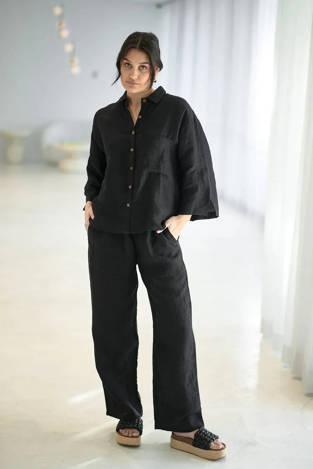 Wide Leg Linen Pant - Black