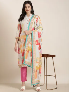 Women Straight Grey Floral Kurta and Trousers Set Comes With Dupatta