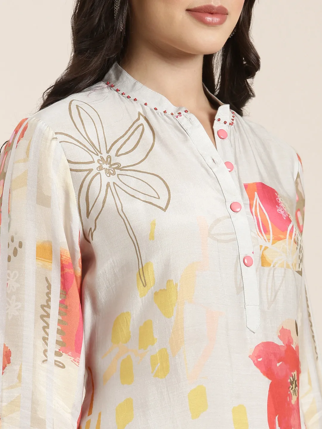 Women Straight Grey Floral Kurta and Trousers Set Comes With Dupatta