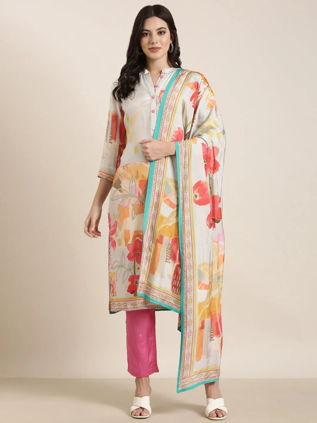 Women Straight Grey Floral Kurta and Trousers Set Comes With Dupatta