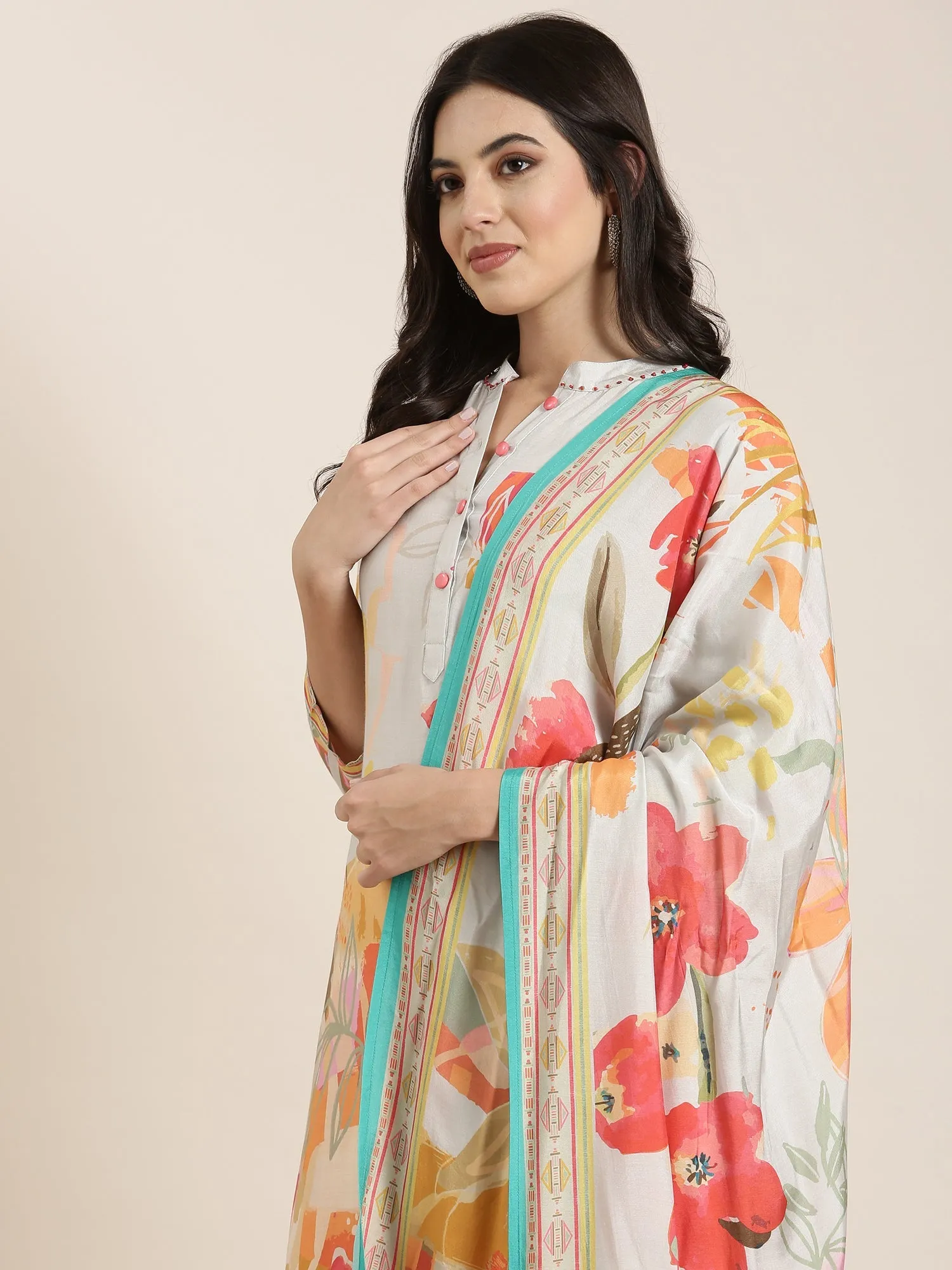 Women Straight Grey Floral Kurta and Trousers Set Comes With Dupatta