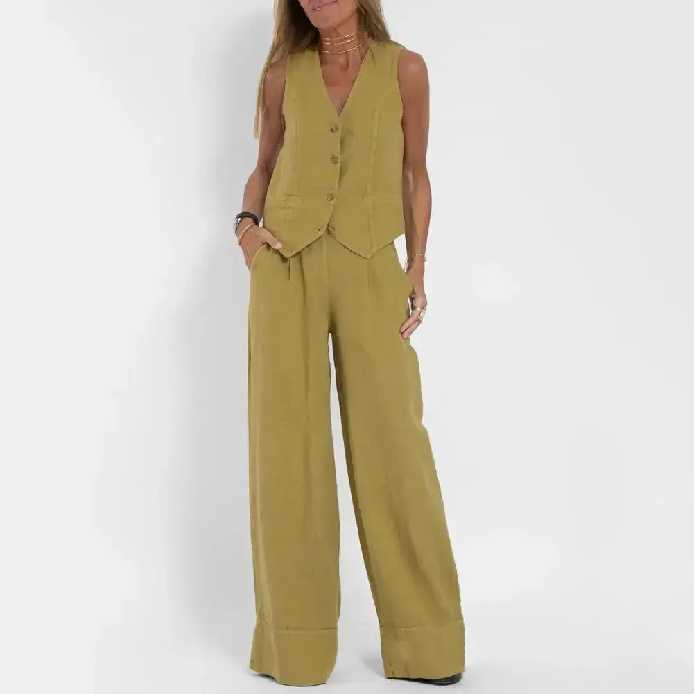 Women Suit Cotton Linen Vest Wide Leg Pants Two Piece Set Women 2023 Sleeveless Tank Top New Matching High Waist Wide Pants Set