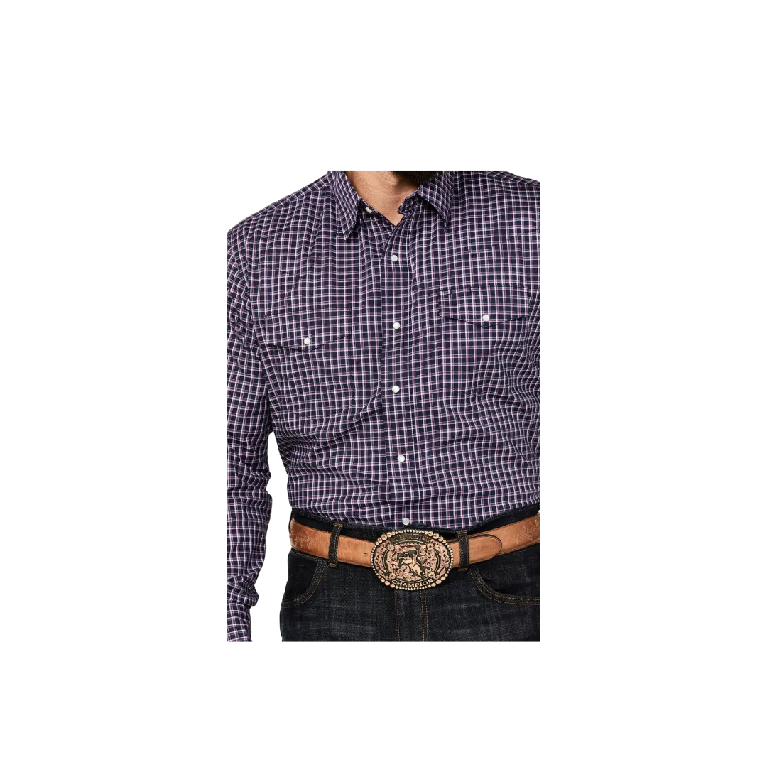 Wrangler Men's Plaid Print Long Sleeve Pearl Snap Western Navy Shirt